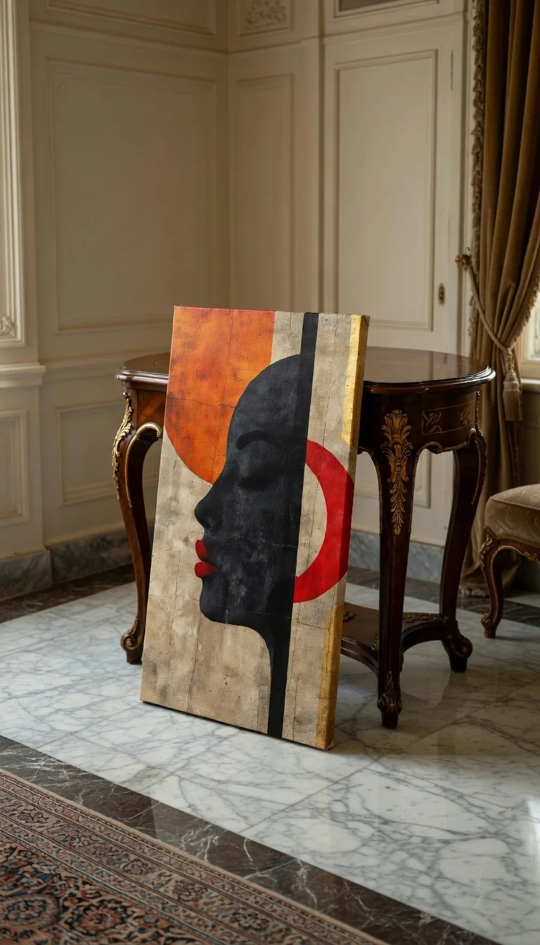 Tableau Canvas Abstrait Portrait Féminin Noir, Orange & Rouge, Art Moderne