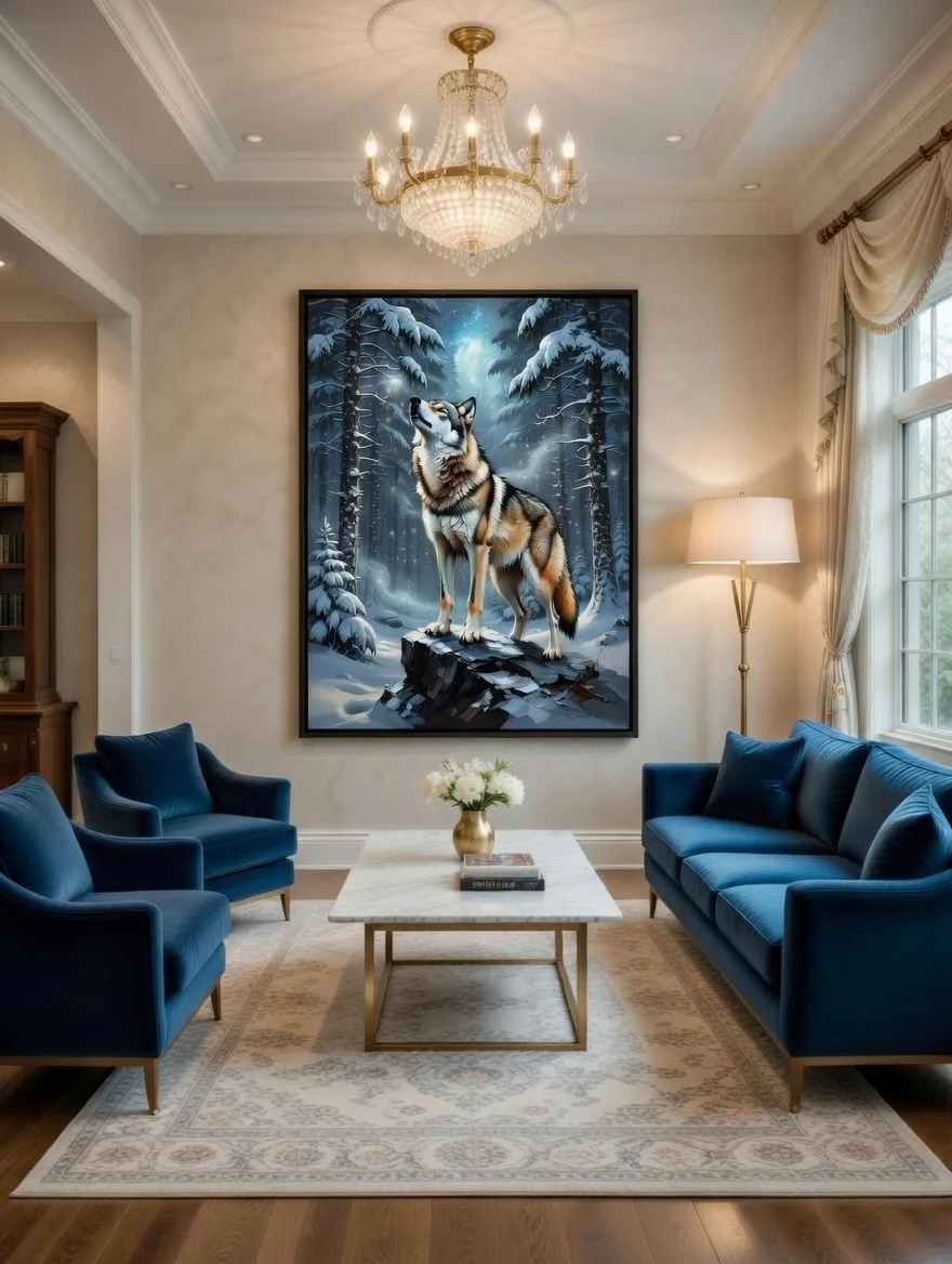Tableau Canvas Loup Forêt Enneigée  Art Animalier Bleu Nuit