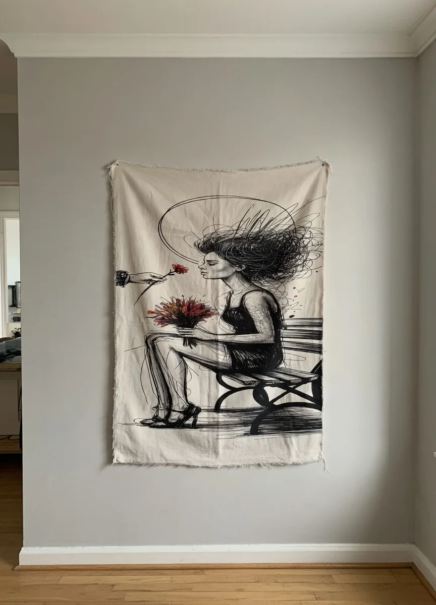 Tableau Canvas Femme Élégante au Bouquet Dessin Encre Noir & Rouge