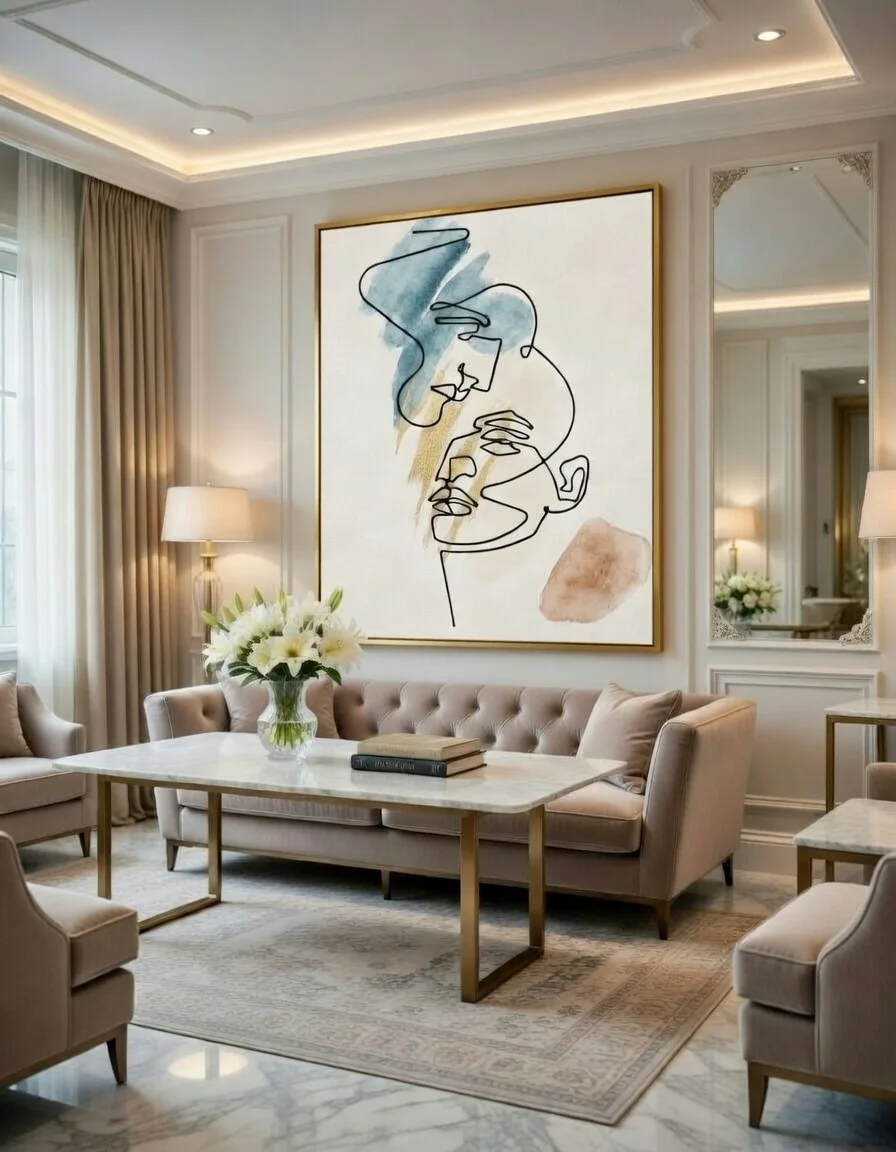 Tableau Canvas Minimaliste Visages Aquarelle Bleu Doré Moderne