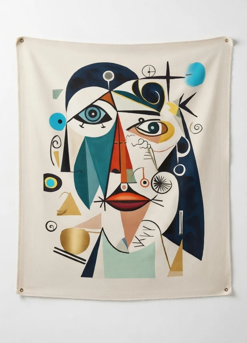 Toile Portrait Cubiste Abstrait Style Picasso – Bleu Rouge Doré