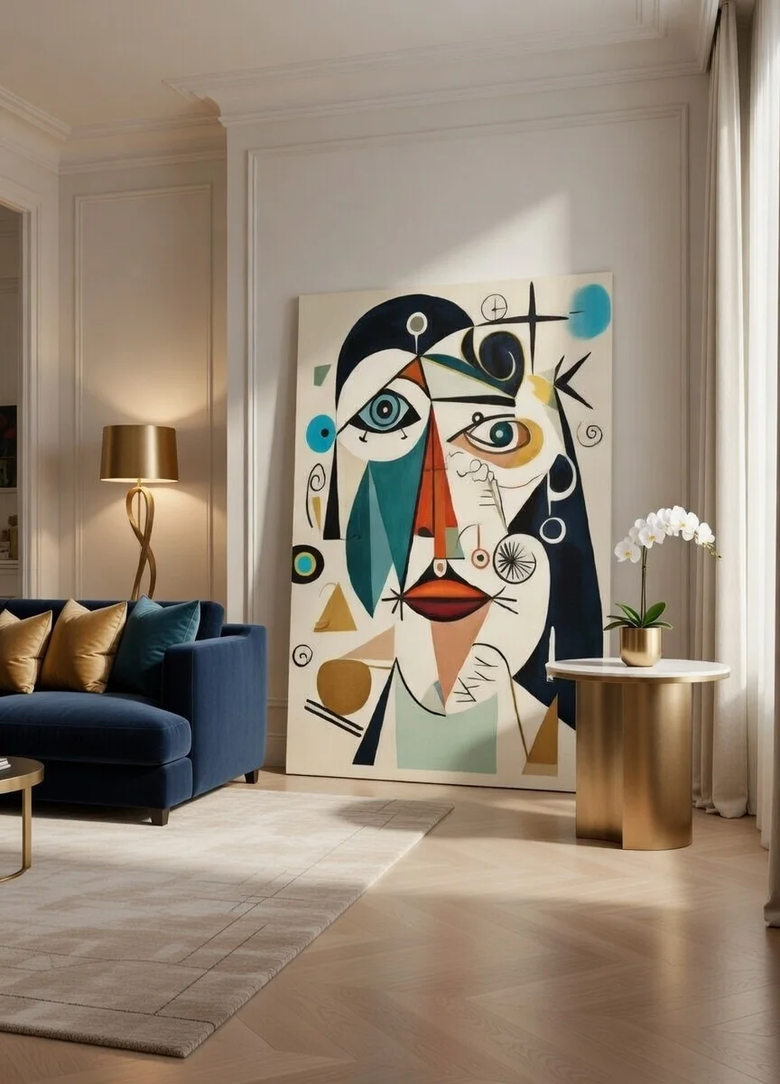 Toile Portrait Cubiste Abstrait Style Picasso – Bleu Rouge Doré