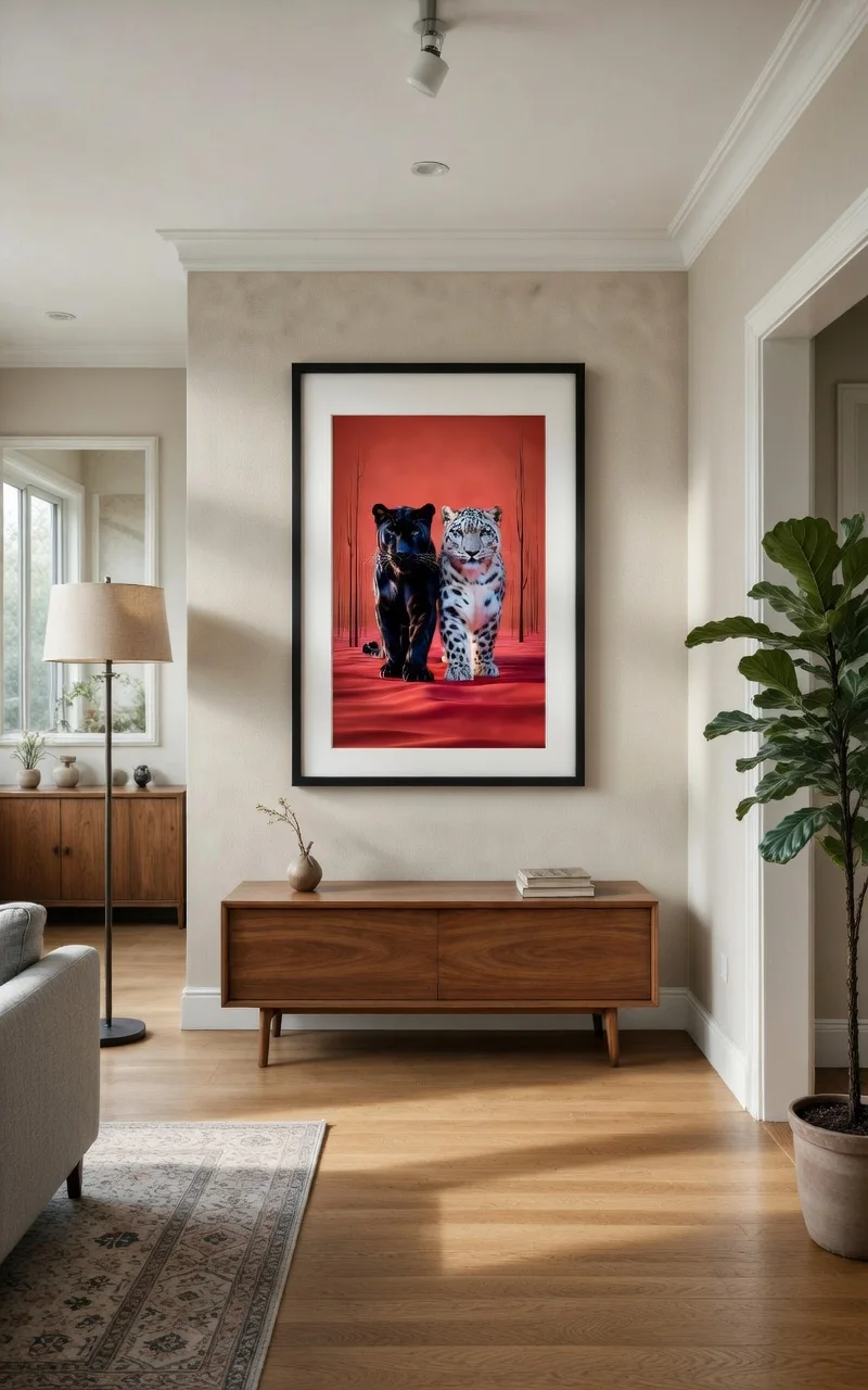 Poster Panthère Noire & Léopard Blanc, Art Animalier Rouge