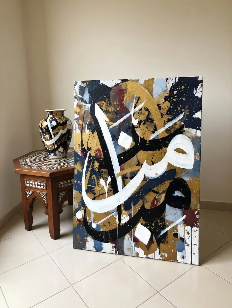 Tableau calligraphie arabe blanc or, Street art islamique urbain moderne.