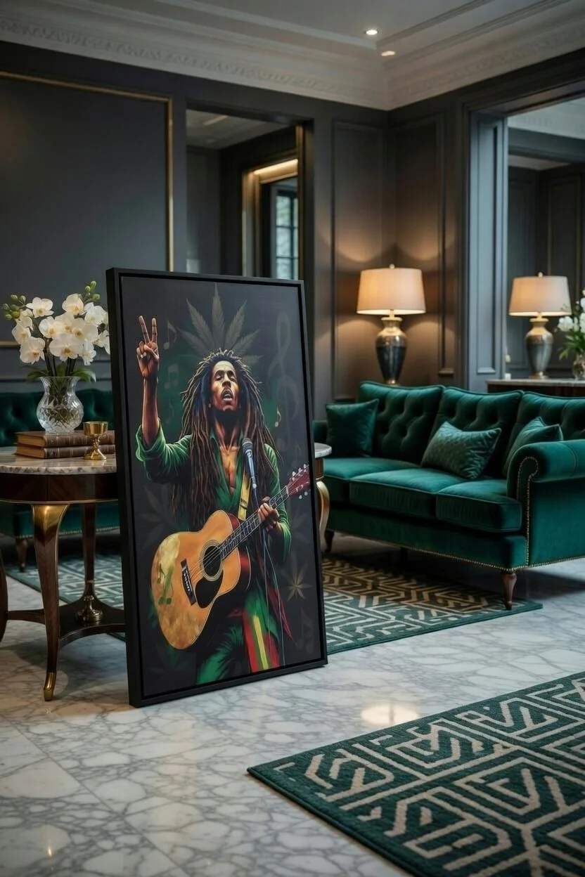 Tableau Canvas Reggae Musicien Rasta Art Mural Bob Marley Vert & Or