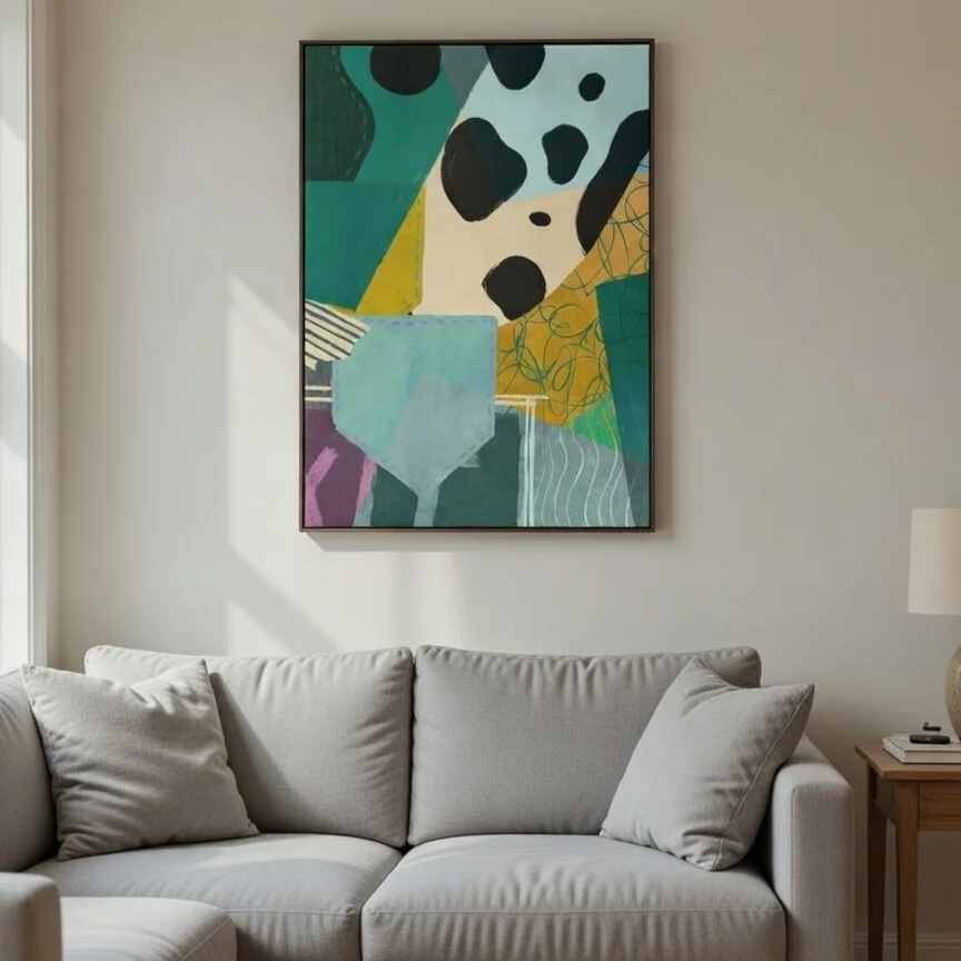 Tableau abstrait vert ocre – Collage géométrique art contemporain.