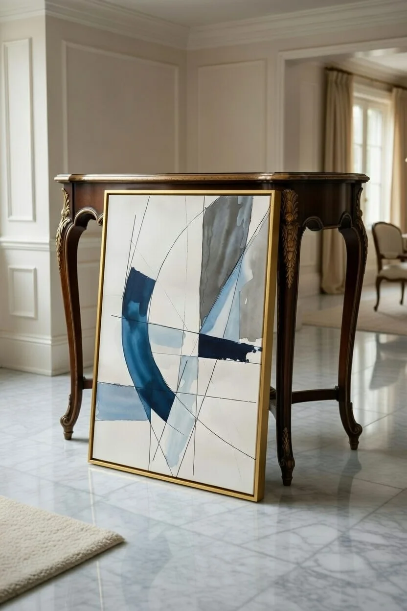 Tableau Canvas Abstrait Géométrique Bleu Marine, Gris & Blanc