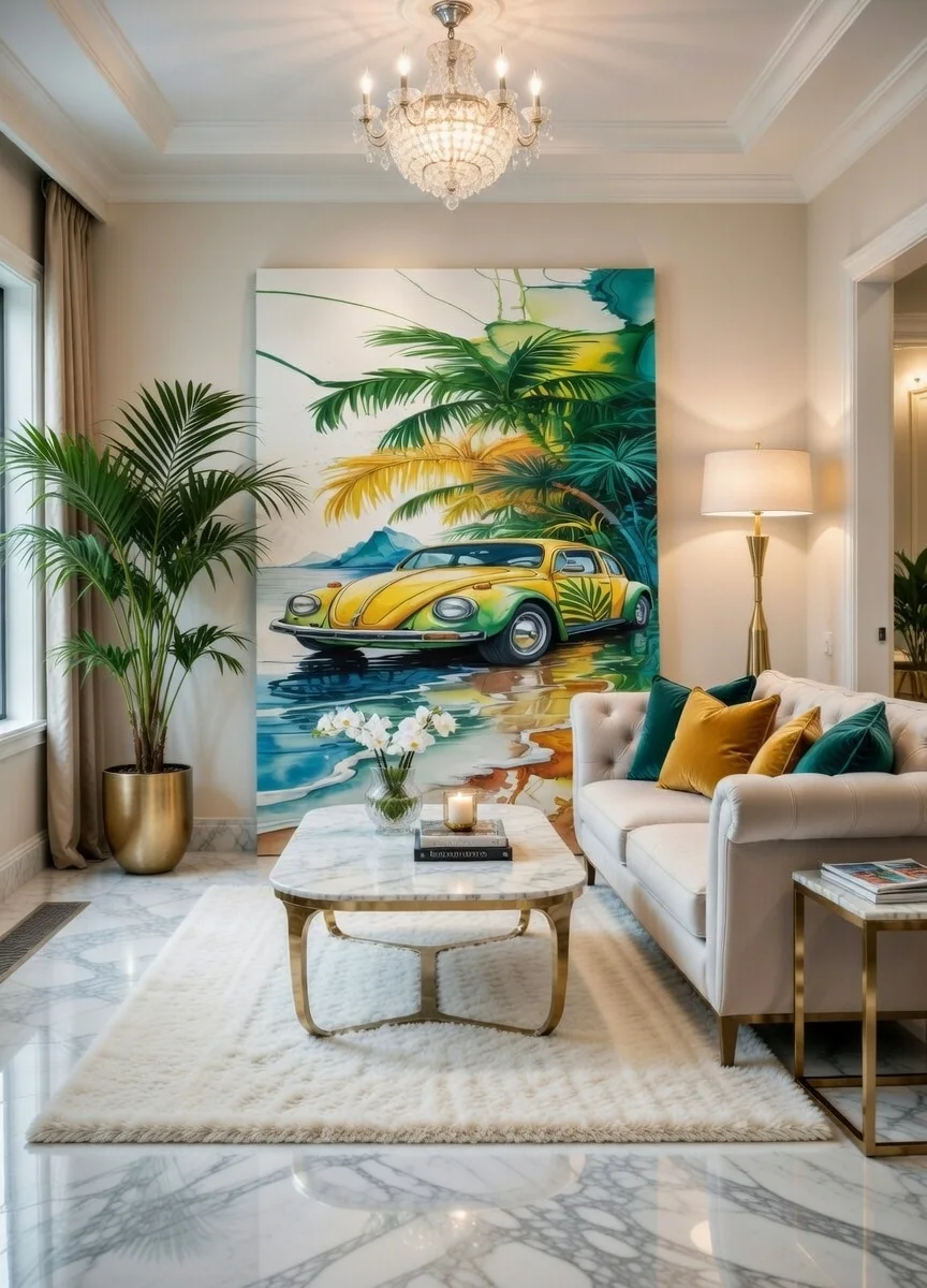 Tableau Canvas VW Coccinelle Vintage Plage Tropicale, Jaune & Vert