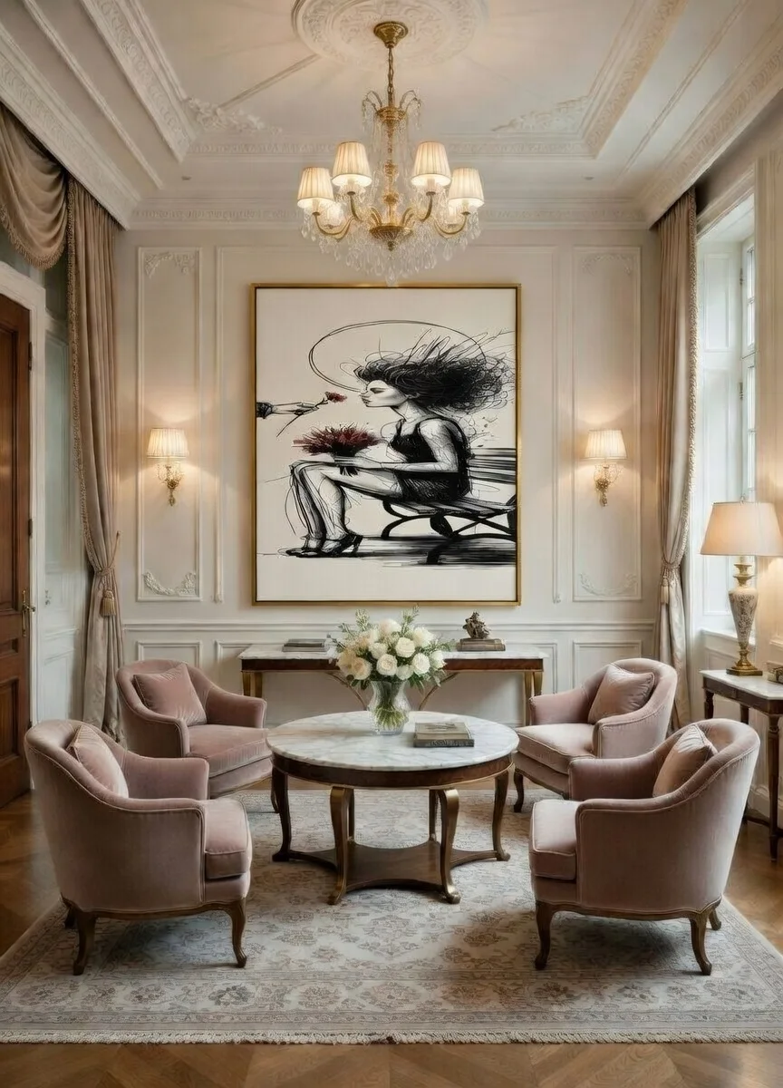 Tableau Canvas Femme Élégante au Bouquet Dessin Encre Noir & Rouge