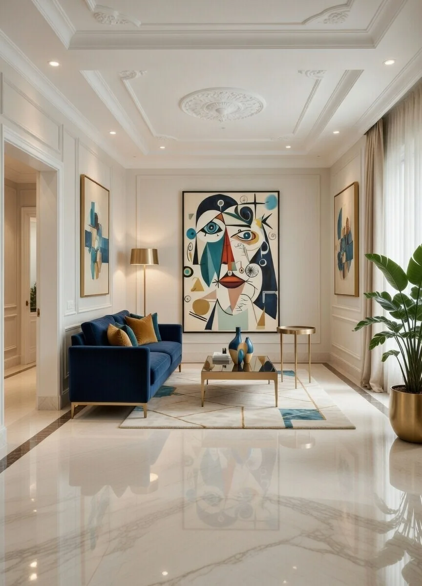 Toile Portrait Cubiste Abstrait Style Picasso – Bleu Rouge Doré