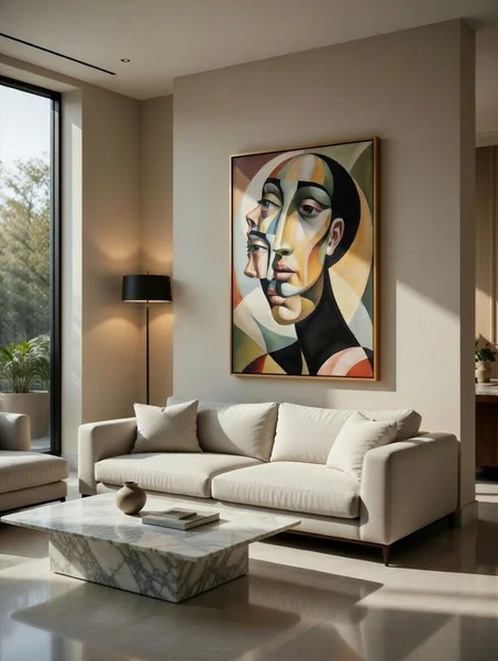 Tableau Canvas Portrait Cubiste Figuratif, Visages Superposés Tons Ocre & Vert