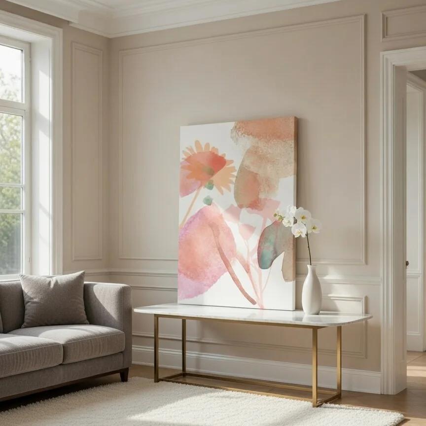 Tableau floral aquarelle rose pêche, Botanique abstrait doux féminin chic.