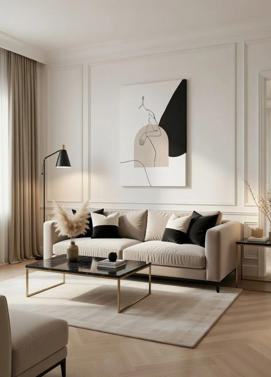 Toile Line Art Femme Minimaliste Beige Noir, Style Boho Chic.