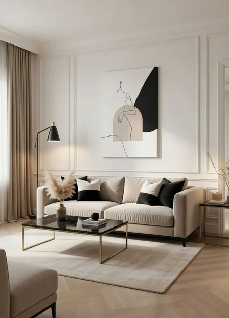 Toile Line Art Femme Minimaliste Beige Noir, Style Boho Chic.