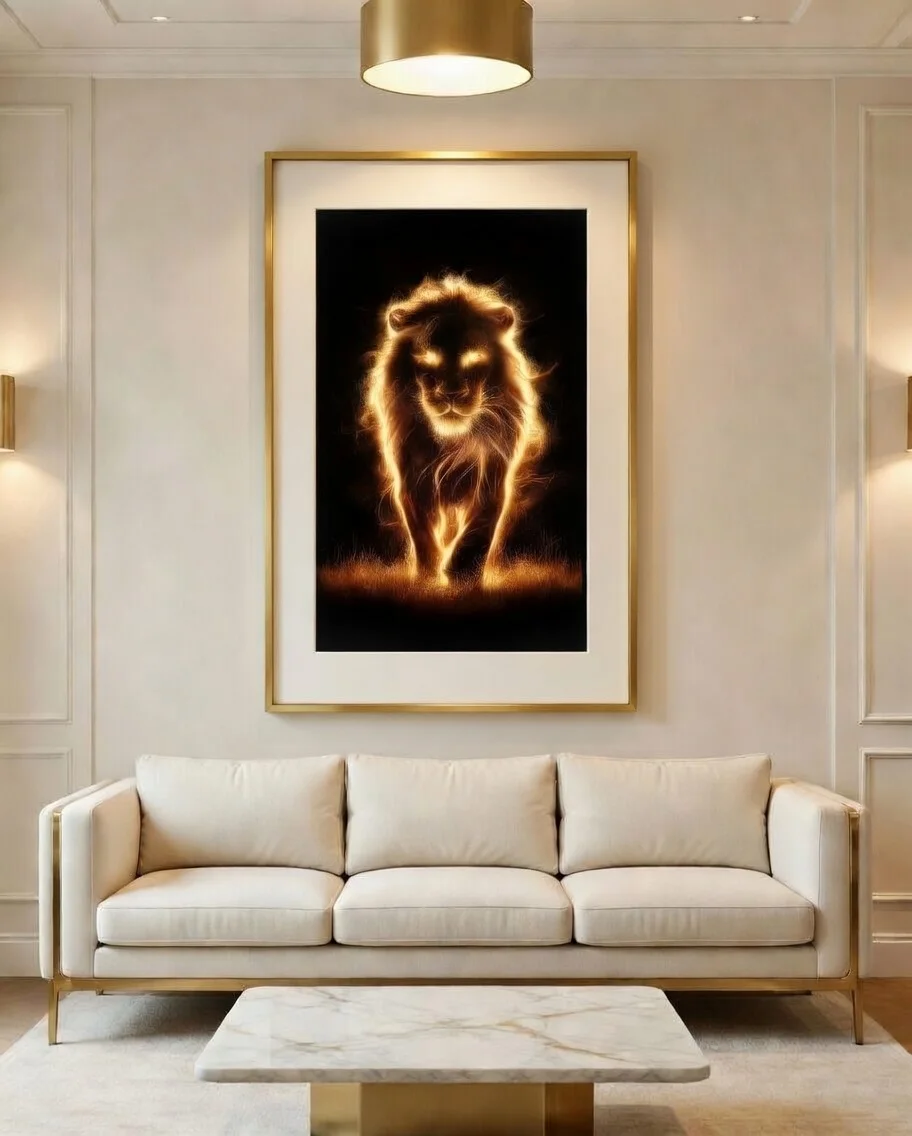 Poster Lion de Feu Doré, Décoration Murale Luxe Noir et Or