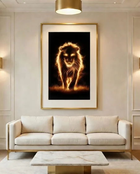 Poster Lion de Feu Doré, Décoration Murale Luxe Noir et Or