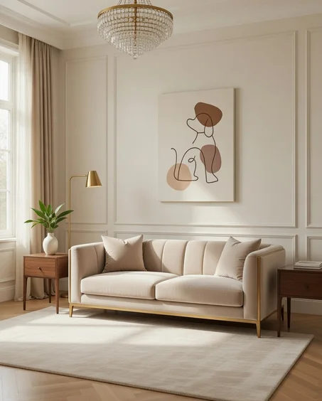 Tableau chien minimaliste trait continu, Line art beige brun décoration douce.