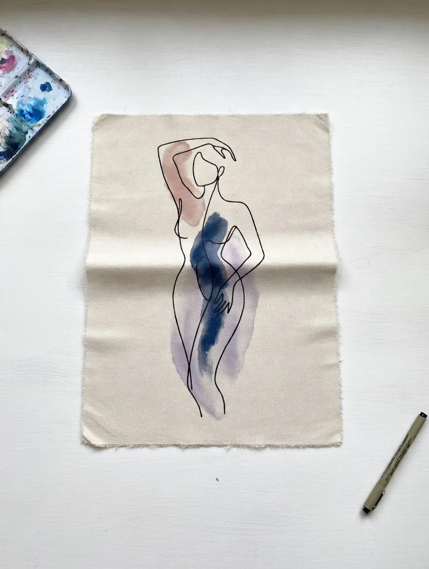 Tableau Canvas Silhouette Féminine Aquarelle Bleu Marine Mauve