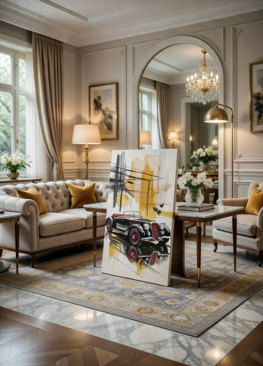 Tableau Canvas Cabriolet Vintage Noir Rouge Art Abstrait Or