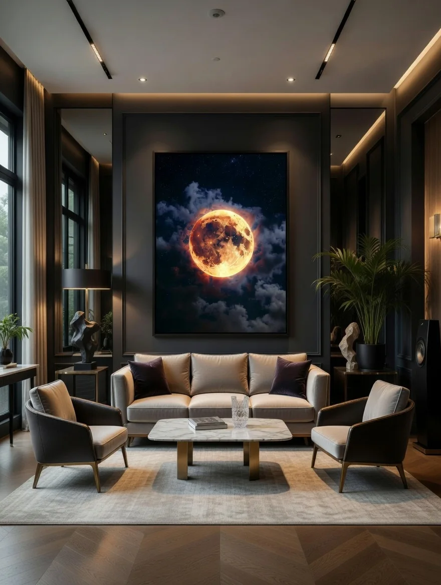 Poster Moderne Pleine Lune de Feu Ciel Nocturne Étoilé