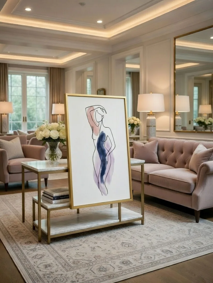 Tableau Canvas Silhouette Féminine Aquarelle Bleu Marine Mauve