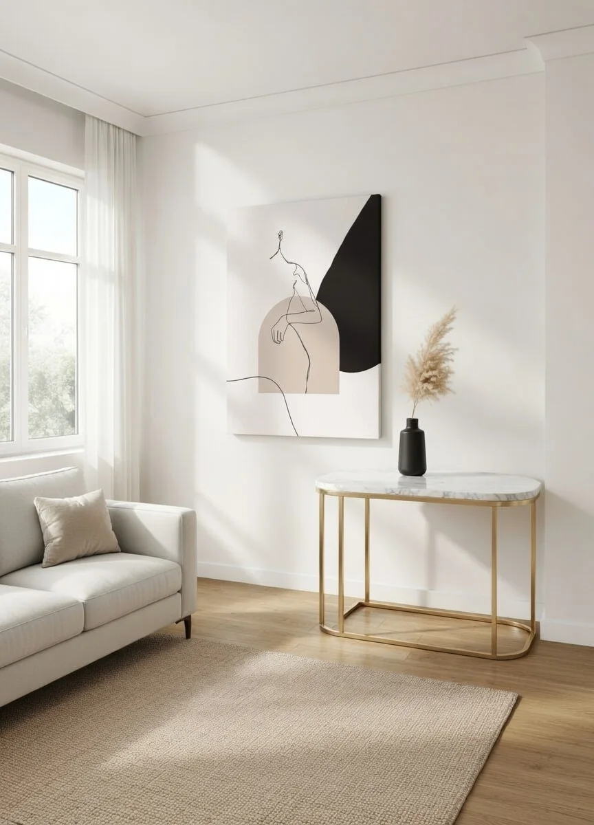 Toile Line Art Femme Minimaliste Beige Noir, Style Boho Chic.