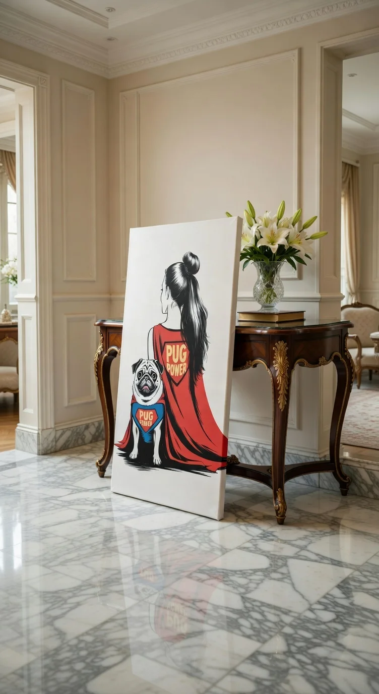 Tableau Canvas Pug Power Femme & Carlin Superhéros, Art Pop Humour