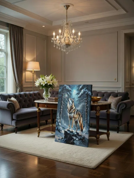 Tableau Canvas Loup Forêt Enneigée  Art Animalier Bleu Nuit