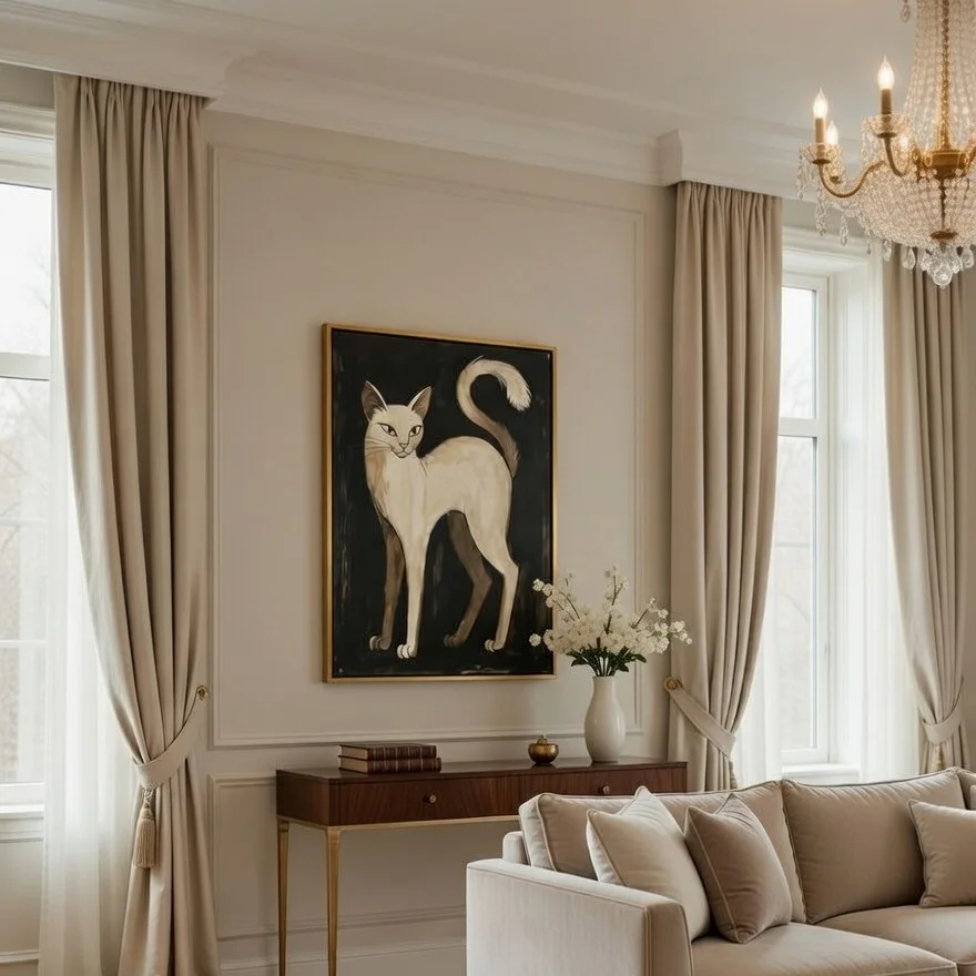 Tableau chat beige noir, Portrait félin élégant style folk art minimaliste.