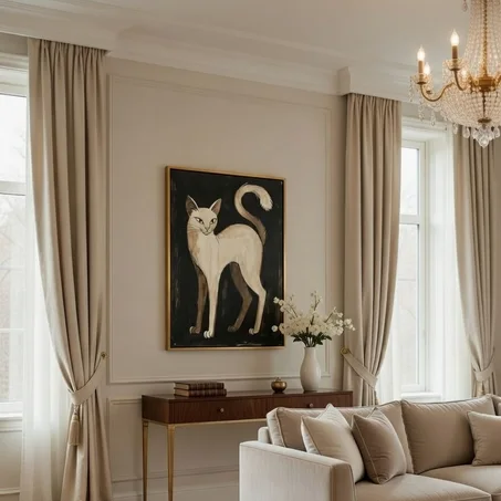 Tableau chat beige noir, Portrait félin élégant style folk art minimaliste.