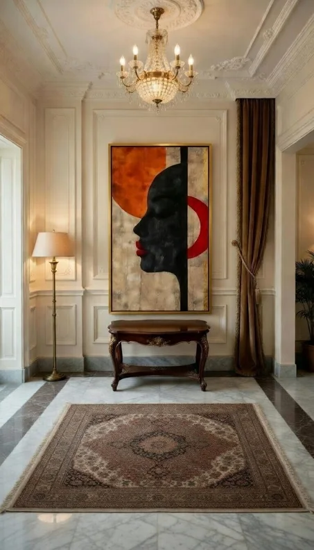 Tableau Canvas Abstrait Portrait Féminin Noir, Orange & Rouge, Art Moderne