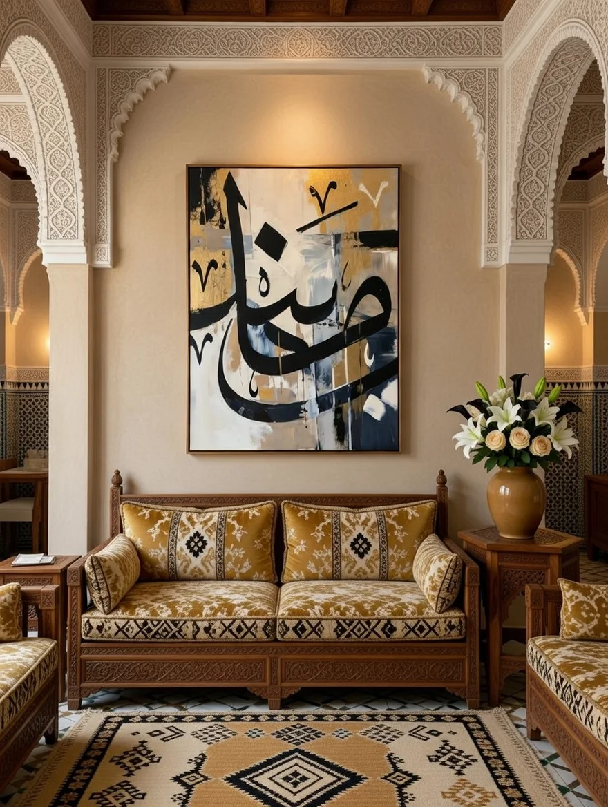 Tableau calligraphie arabe noir or blanc, Art islamique contemporain chic.