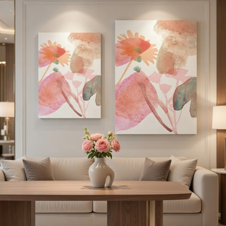 Tableau floral aquarelle rose pêche, Botanique abstrait doux féminin chic.