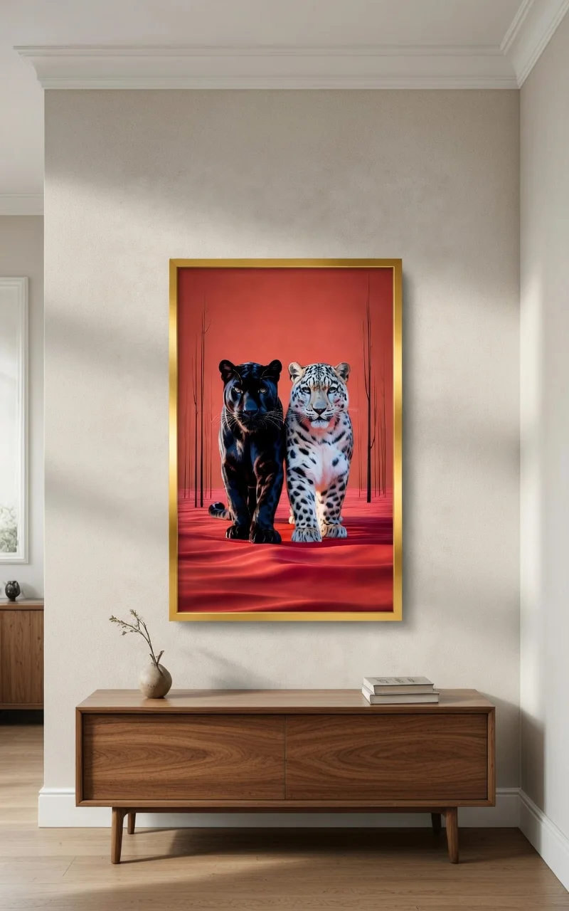 Poster Panthère Noire & Léopard Blanc, Art Animalier Rouge