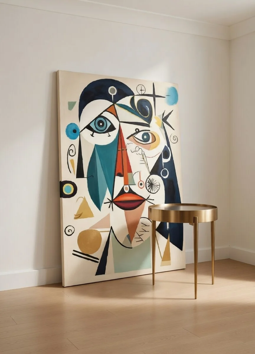 Toile Portrait Cubiste Abstrait Style Picasso – Bleu Rouge Doré