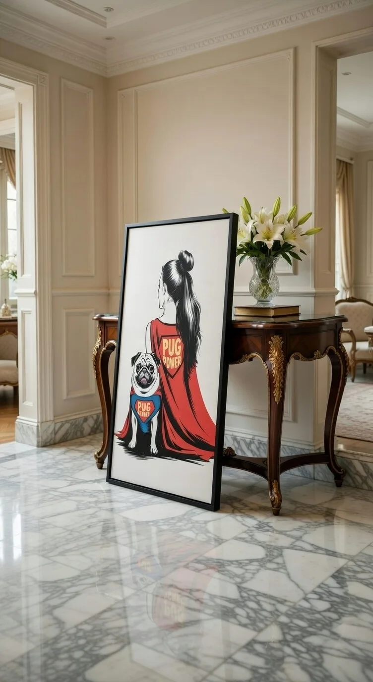 Tableau Canvas Pug Power Femme & Carlin Superhéros, Art Pop Humour