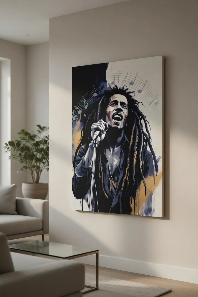 Canvas Premium, Bob Marley Portrait Reggae Légende Notes Musicales