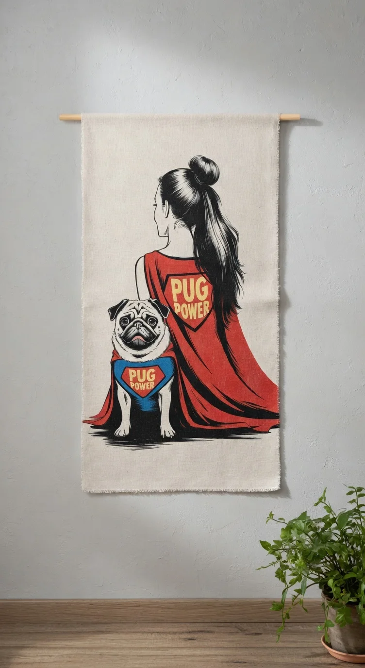 Tableau Canvas Pug Power Femme & Carlin Superhéros, Art Pop Humour