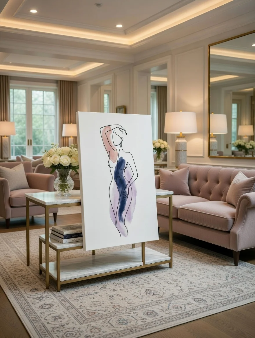 Tableau Canvas Silhouette Féminine Aquarelle Bleu Marine Mauve