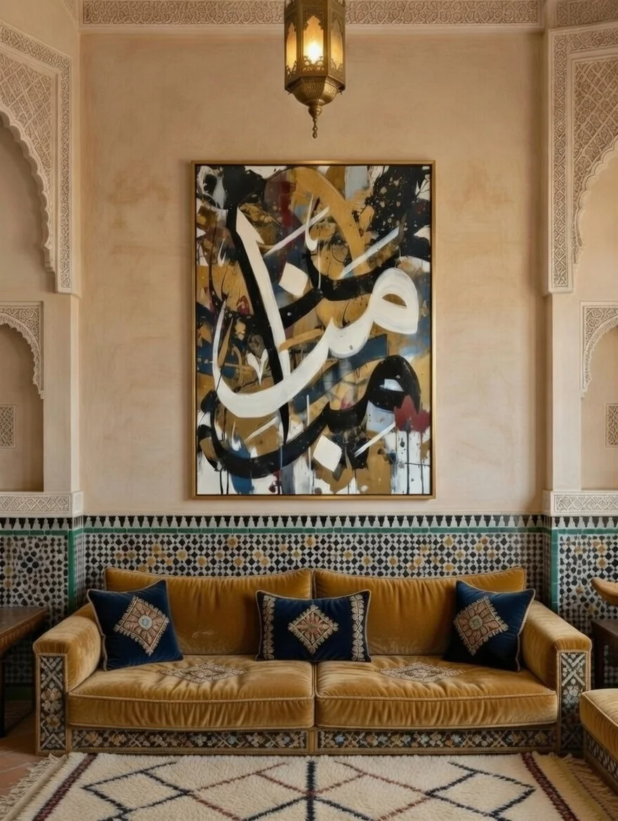 Tableau calligraphie arabe blanc or, Street art islamique urbain moderne.