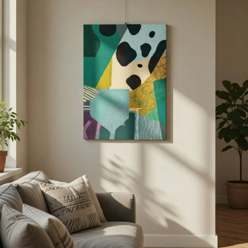 Tableau abstrait vert ocre – Collage géométrique art contemporain.