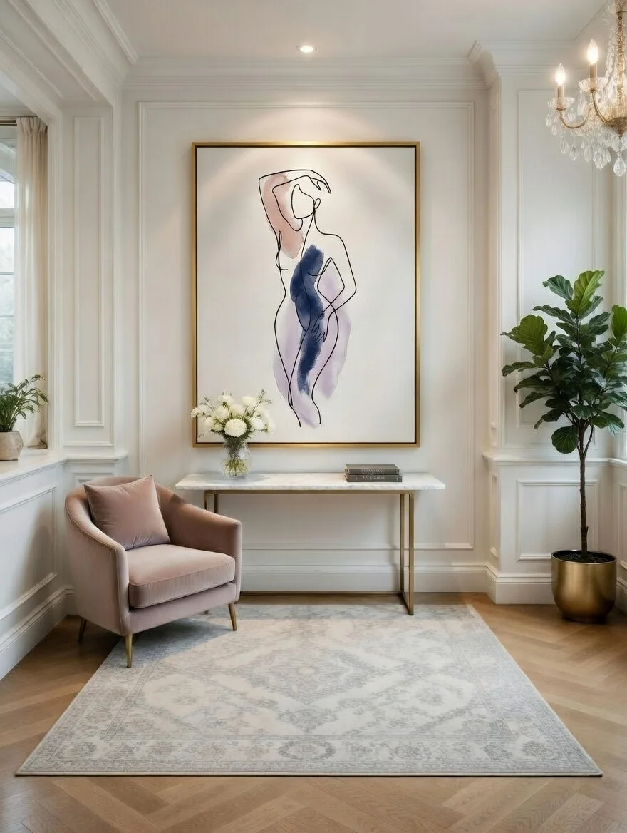 Tableau Canvas Silhouette Féminine Aquarelle Bleu Marine Mauve