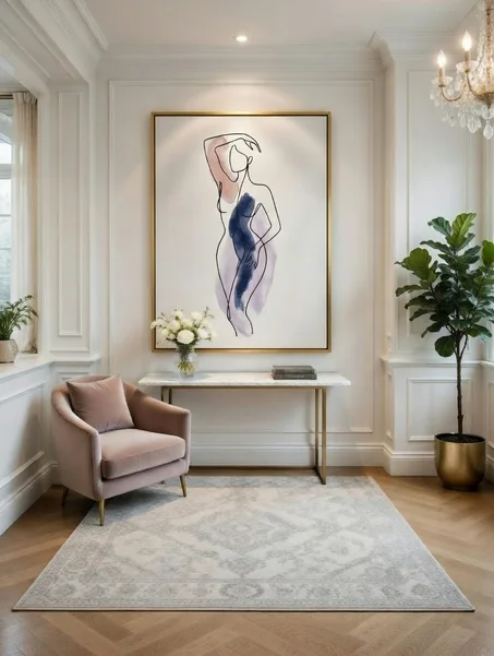 Tableau Canvas Silhouette Féminine Aquarelle Bleu Marine Mauve