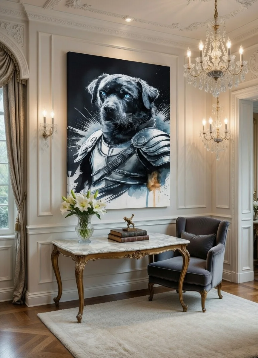 Tableau Canvas Chien Guerrier Portrait Labrador Noir Armure Art Mural Premium