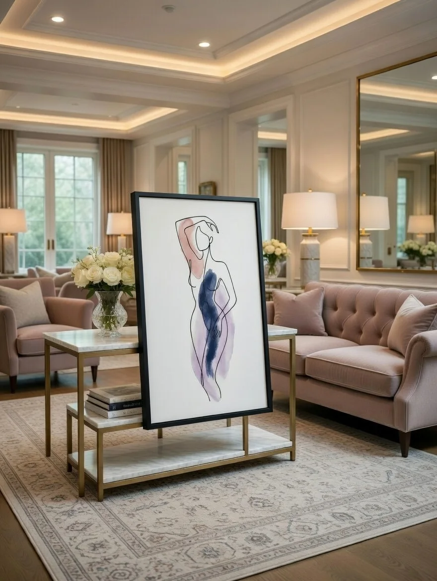 Tableau Canvas Silhouette Féminine Aquarelle Bleu Marine Mauve