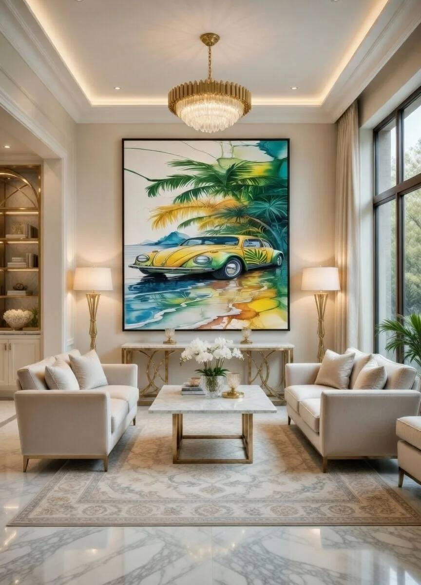 Tableau Canvas VW Coccinelle Vintage Plage Tropicale, Jaune & Vert