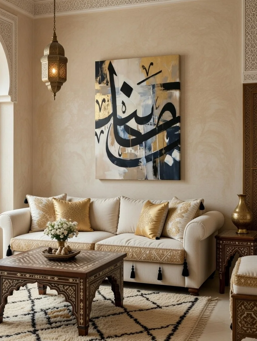 Tableau calligraphie arabe noir or blanc, Art islamique contemporain chic.