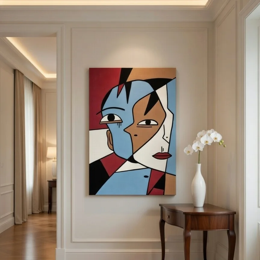 Tableau visage cubiste bleu ciel et rouge, Portrait abstrait style Picasso.