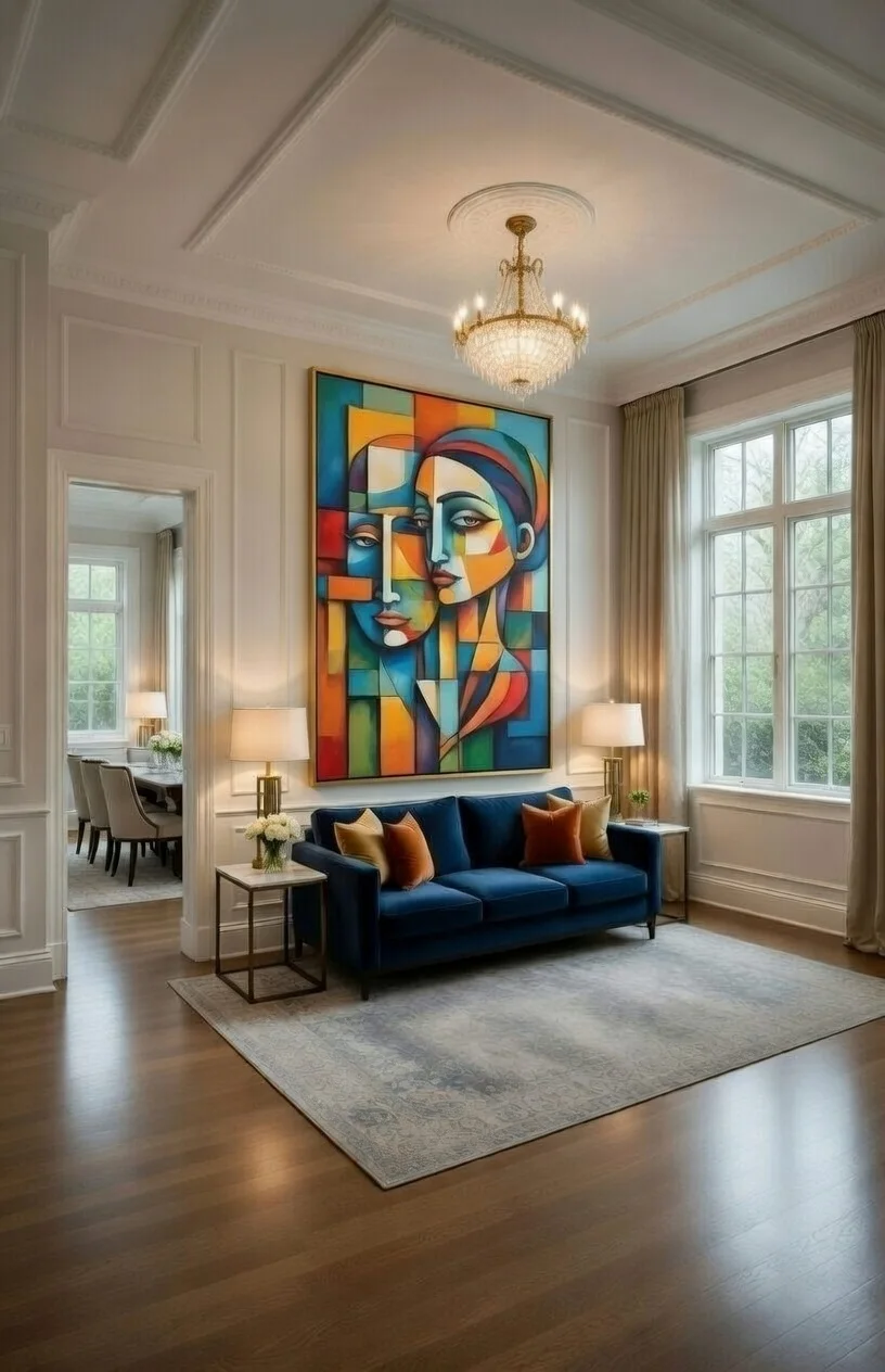 Tableau Canvas Cubiste Double Portrait Bleu, Orange & Multicolore.