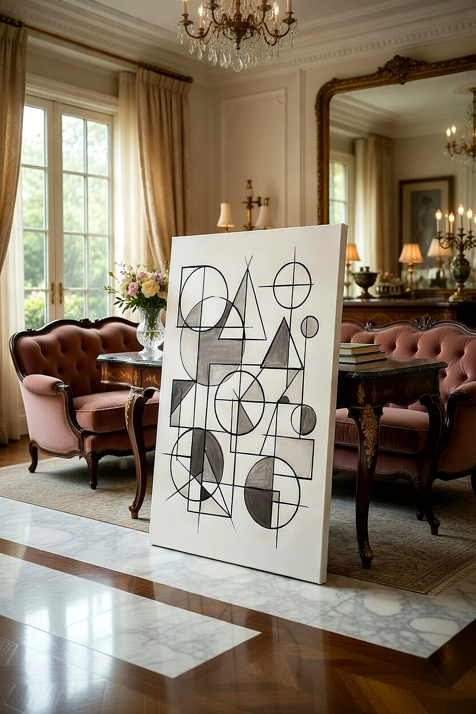 Tableau Canvas Géométrique Noir & Blanc, Composition Abstraite Formes Épurées